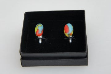 Fused Glass Cufflinks Green Red Yellow in a Black Gift Box